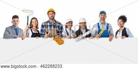 Portrait Of Happy Construction Workers And Managers Holding Blank Billboard Isolated On White Backgr