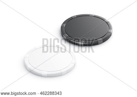 Blank Black And White Plastic Round Chip Mockup, Side View, 3d Rendering. Empty Poker Or Blackjack C
