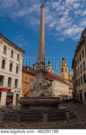 Ljubljana, Slovenia - September 3rd 2022. Robba Fountain In Town Square Or Mestni Trg In Central Lju