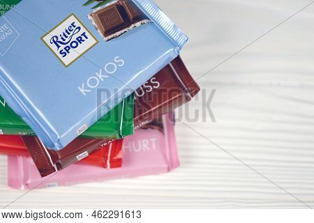 Kharkiv, Ukraine - December 8, 2020: Ritter Sport Chocolate Product. Ritter Sport Company Was Founde