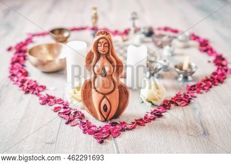 Beautiful Altar With Rose Petals And Goddess Statuette. Ceremony Space.