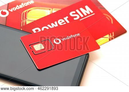 Ternopil, Ukraine - July 5, 2022: Vodafone Power Sim Mobile Card By Vodafone Group Plc - British Mul