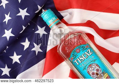 Kharkiv, Ukraine - November 3, 2021: Tiscaz Tequila Alcohol Bottle With Traditional Mexican Pattern 