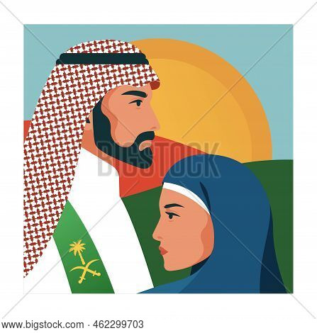 Saudi Arabia National Day. Man And Woman In Traditional Arab Clothes And Headscarves On Background O