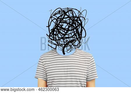 Frustrated Man With Nervous Problem Feel Anxiety And Confusion Of Thoughts. Mental Disorder And Chao