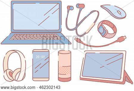 Set Of Different Smart Computer Gadgets. Information Input And Output Technology Devices. Gadgets Fo