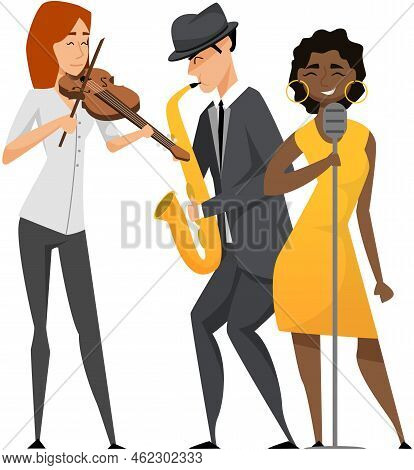 Jazz Musician Saxophone Player With Sax Stands On White Background. Vector Man In Suit Playing Music
