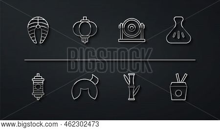 Set Line Fish Steak, Chinese Paper Lantern, Dumpling, Bamboo, Fortune Cookie, Noodles Box And Chopst