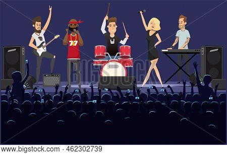 Musicians Modern Rock Group Perform On Stage. Guitarist, Drummer, Keyboardist And Happy Young Girl S