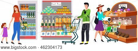 Supermarket, Grocery Store With Food On Shelves. Sale, Discounts In Food Store. Shop In Mall For Sel