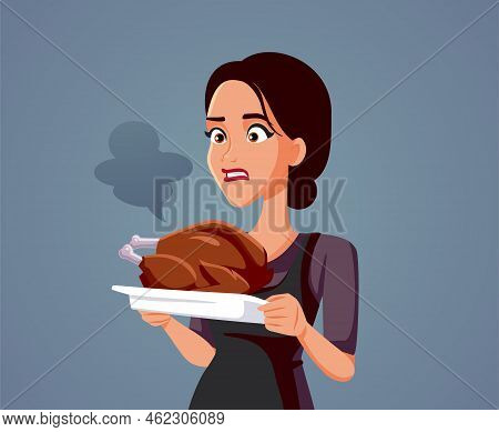 Stressed Inexperienced Cook Burning The Roasted Turkey Vector Cartoon