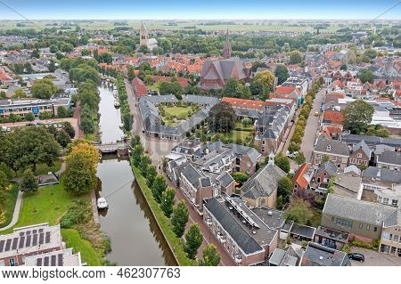Aerial panorama from the city Bolsward in Friesland the Netherlands