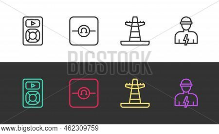 Set Line Music Player, Ohmmeter, Electric Tower Line And Electrician On Black And White. Vector