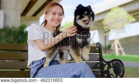 Happy Young Asian Woman Playing And Sitting On A Bench In The Park With Her Dog. Pet Lover Concept