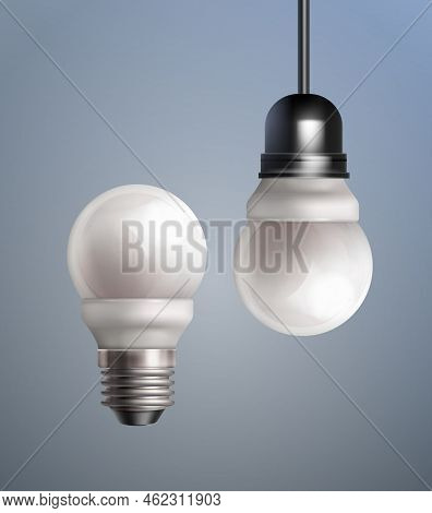Vector Isolated Energy Saving Led Lamps With Socle On Colored Background