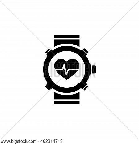 Fitness Tracker Smart Watch With Heart Rate. Flat Vector Icon Illustration. Simple Black Symbol On W