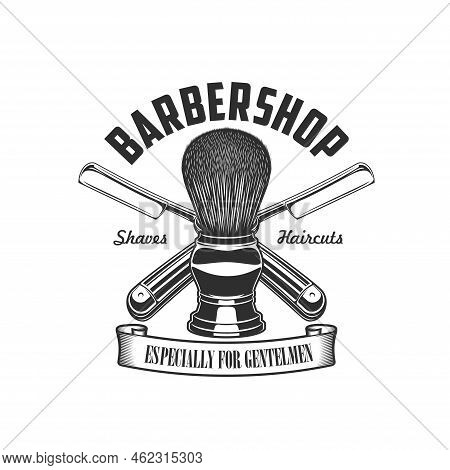 Barbershop Shaving Brush And Razor Icon, Barber Shop Haircut Salon Vector Sign. Men Beard And Mustac