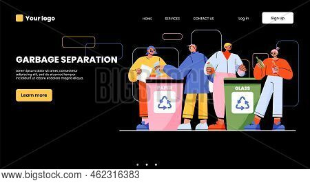 Garbage Separation Banner With People Sorting Trash For Plastic And Glass. Vector Landing Page Of Wa