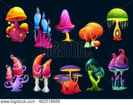 Fantasy Magic Cartoon Mushrooms. Alien Forest Mushroom Plants Or Fairy Tale Nature Fungus With Fanta