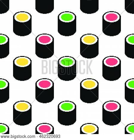 Pixel Sushi Seamless Pattern. 8-bit Sushi Roll Different Types. Pixel Art Japan Traditional Food. Ja