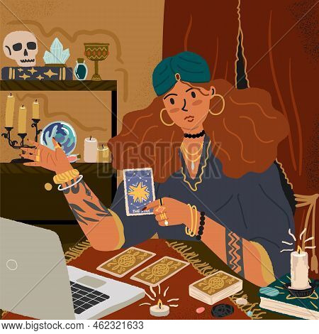 Female Fortune Teller Using Tarot Cards To Predict Future Online. Online Spiritual Seance And Divina