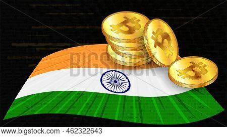 Stacks Of Gold Coins Of Bitcoin Btc On Colored Flag Of India On Dark Digital Background. Central Ban