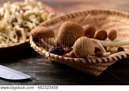 Fresh Yanagi Muasutake Mushroom In Basket On Wooden Background