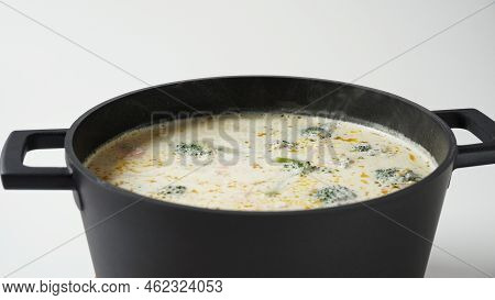 Creamy Fish Soup With Salmon, Potatoes, Onions , Carrots, Dill And Broccoli In A Pot. Kalakeitto- Tr