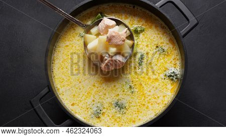 Creamy Fish Soup With Salmon, Potatoes, Onions , Carrots, Dill And Broccoli In A Pot. Kalakeitto- Tr