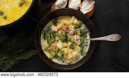 Creamy Fish Soup With Salmon, Potatoes, Onions , Carrots, Dill And Broccoli. Kalakeitto- Traditional