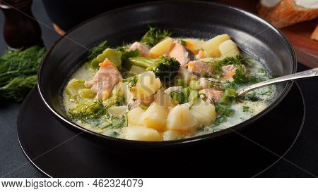 Creamy Fish Soup With Salmon, Potatoes, Onions , Carrots, Dill And Broccoli. Kalakeitto- Traditional