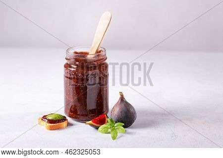 Autumn Preserves From Local Produce, Fig Jam Or Fig Marmalade On Light Grey Table With Fresh, Ripe F