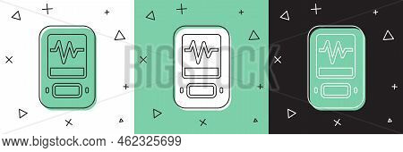 Set Seismograph Icon Isolated On White And Green, Black Background. Earthquake Analog Seismograph. V