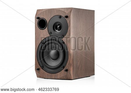 Music Speakers On White Background. Audio Technica. Bookshelf Speaker System For Home Entertainment.