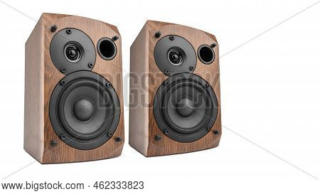 Music Speakers On White Background. Audio Technica. Bookshelf Speaker System For Home Entertainment.