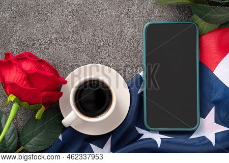 United States Election Design Concept With American Flag, Rose And Smart Phone