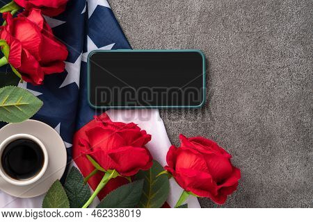 United States Election Design Concept With American Flag, Rose And Smart Phone