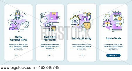 Prepare To Live Abroad Advices Onboarding Mobile App Screen. Migrate Walkthrough 4 Steps Editable Gr
