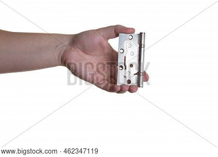 Door Hinge In Hand On A White Background, Isolate. Close-up
