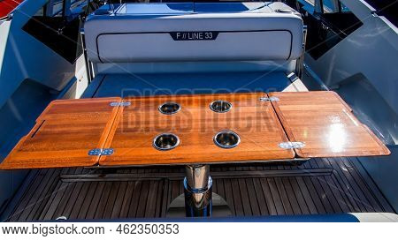 NORWALK, CT, USA - SEPTEMBER 23, 2022: 2021 Fairline F33 Line boat at Progressive Norwalk Boat Show
