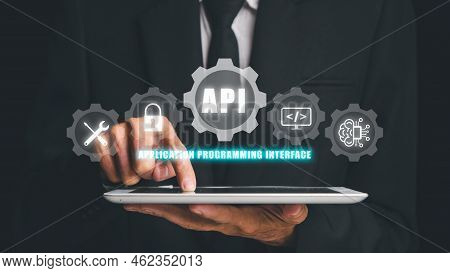 Api - Application Programming Interface, Man Touching On Tablet With Vr Screen Api Icon On Office De
