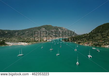 Popular Tourist Destination. Bay With Boats On Lefkada Island. Nydri Village.