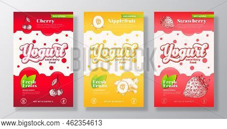 Fruits And Berries Yogurt Label Templates Set. Abstract Vector Dairy Packaging Design Layouts Collec