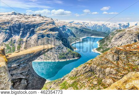 Landscape With Trolltunga, Most Spectacular Rock Formation In Norway