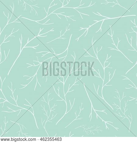 White Hand Drawn Branches On Pale Blue Background Repeating Pattern. Minimalistic Botanical Seamless