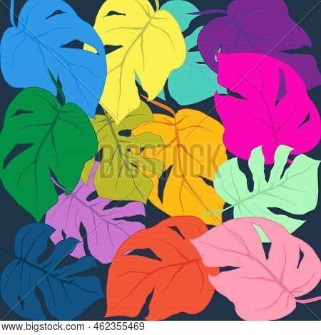 Bright Color Hand Drawn Tropical Leaves On Dark Blue Background. Tropic Design
