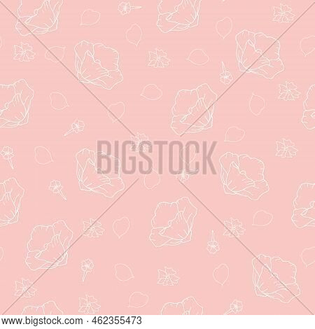 Nude Seamless Pattern Of Hand Drawn Flowers And Petals. Simple Repeating Pink Botanical Pattern
