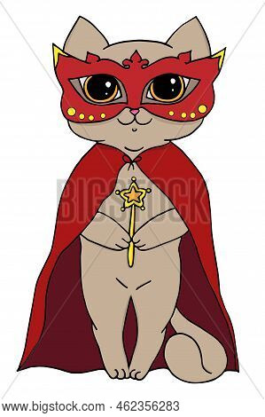 Cat In Red Carnival Costume And Mask