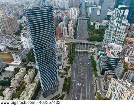 Shenzhen, China, 05 February 2022: Top view of shenzhen futian district