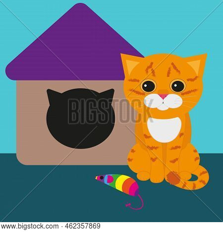 Vector Ginger Cat With A House In Flat Style